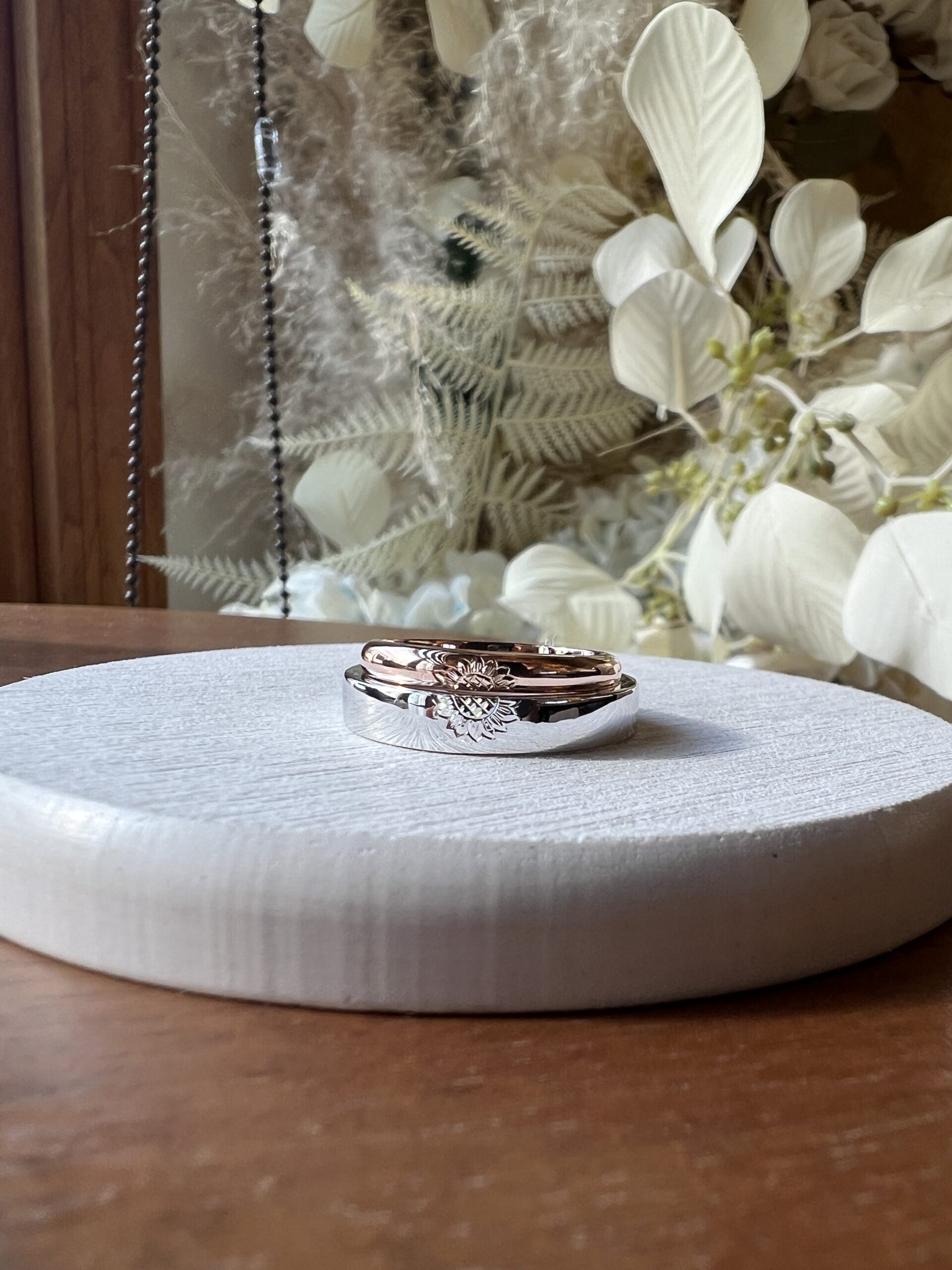 手作りハワイアンシルバーリング（ペアリング） シルバー925 平打ち（内甲丸） 甲丸 ハワイアン ３mm ４mm カラーリング（ピンクゴールド） カラーリング（ロジウム） ハワイアンふたりでひとつ