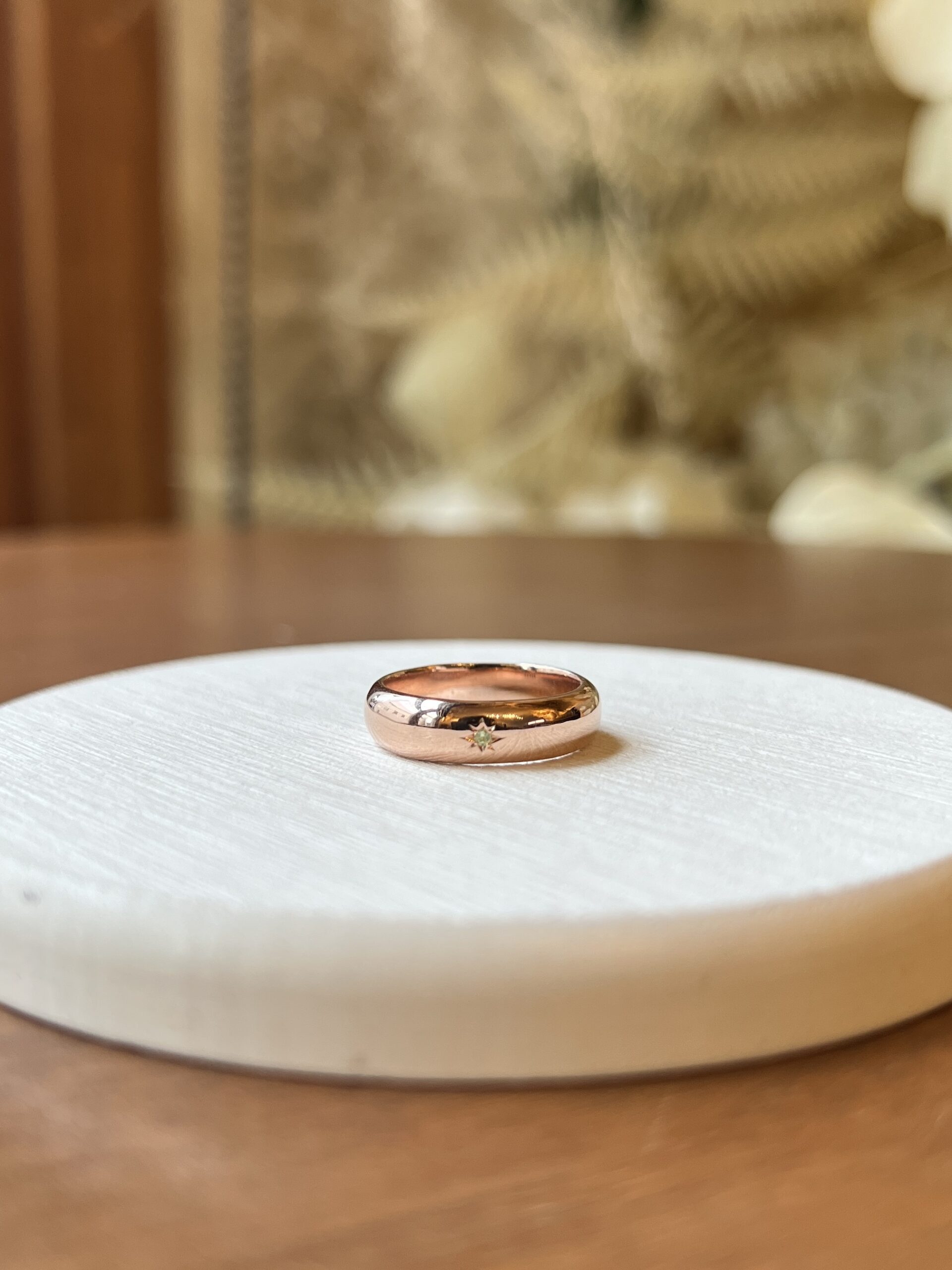 手作りリング（ソロコース） シルバー925 五光留め 甲丸 鏡面 ５mm 8月 ペリドット カラーリング（ピンクゴールド）