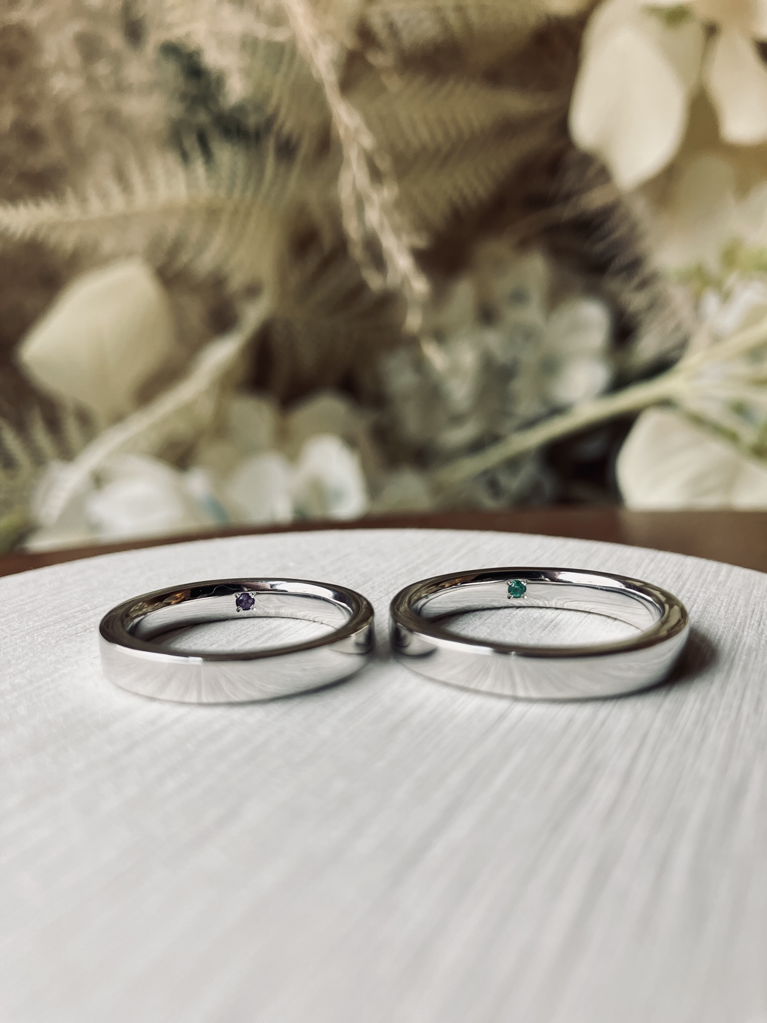 手作りペアリング（シルバー） シルバー（SV950） シルバー925 平打ち（内甲丸） 平打ち（内甲丸） 鏡面 ３mm 2月 アメシスト 5月 エメラルド カラーダイヤモンド グリーンダイヤモンド スカイブルーダイヤモンド