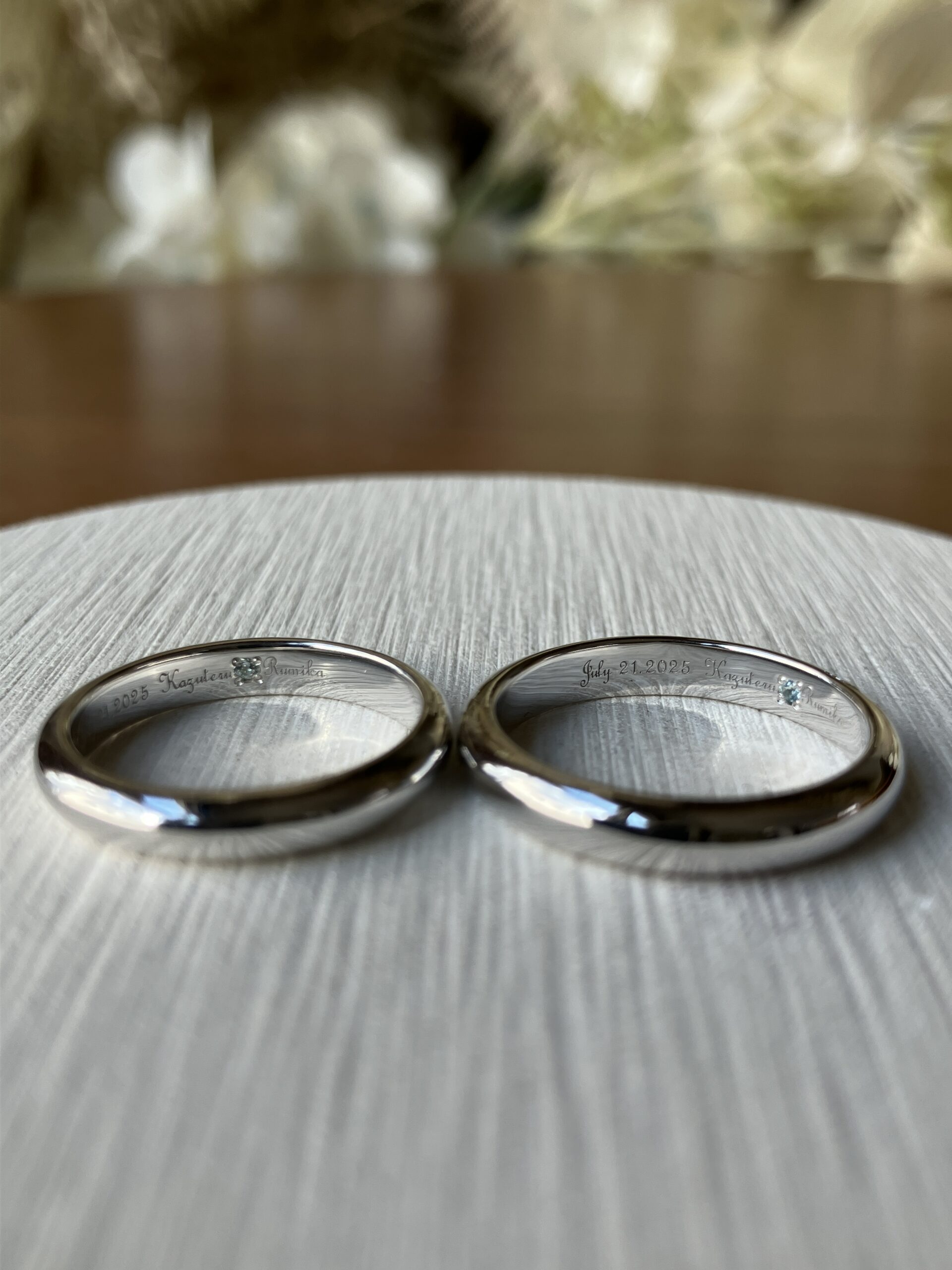 シルバー（SV950） 彫り留め 甲丸 鏡面 ３mm 11月 ブルートパーズ 3月 アクアマリン アイスブルーダイヤモンド カラーレスダイヤモンド レーザー刻印