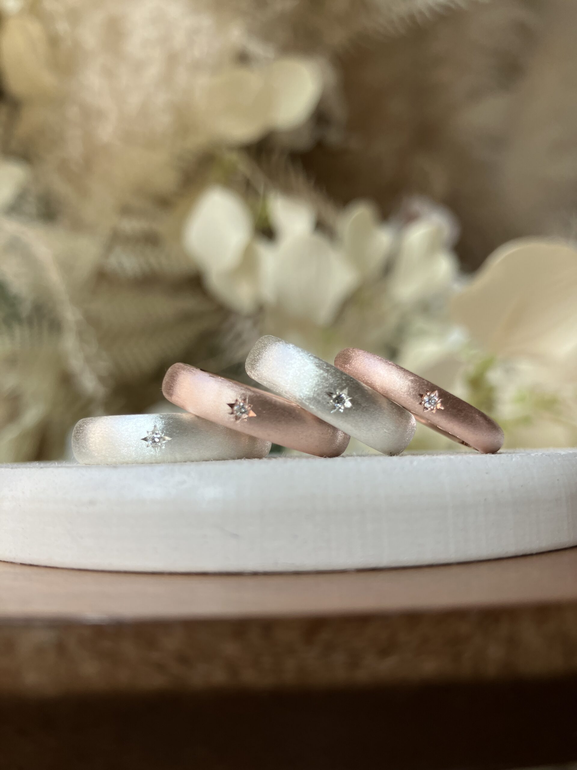 手作りペアリング（シルバー） シルバー925 五光留め 甲丸 スターダスト ３mm ４mm ５mm カラーレスダイヤモンド