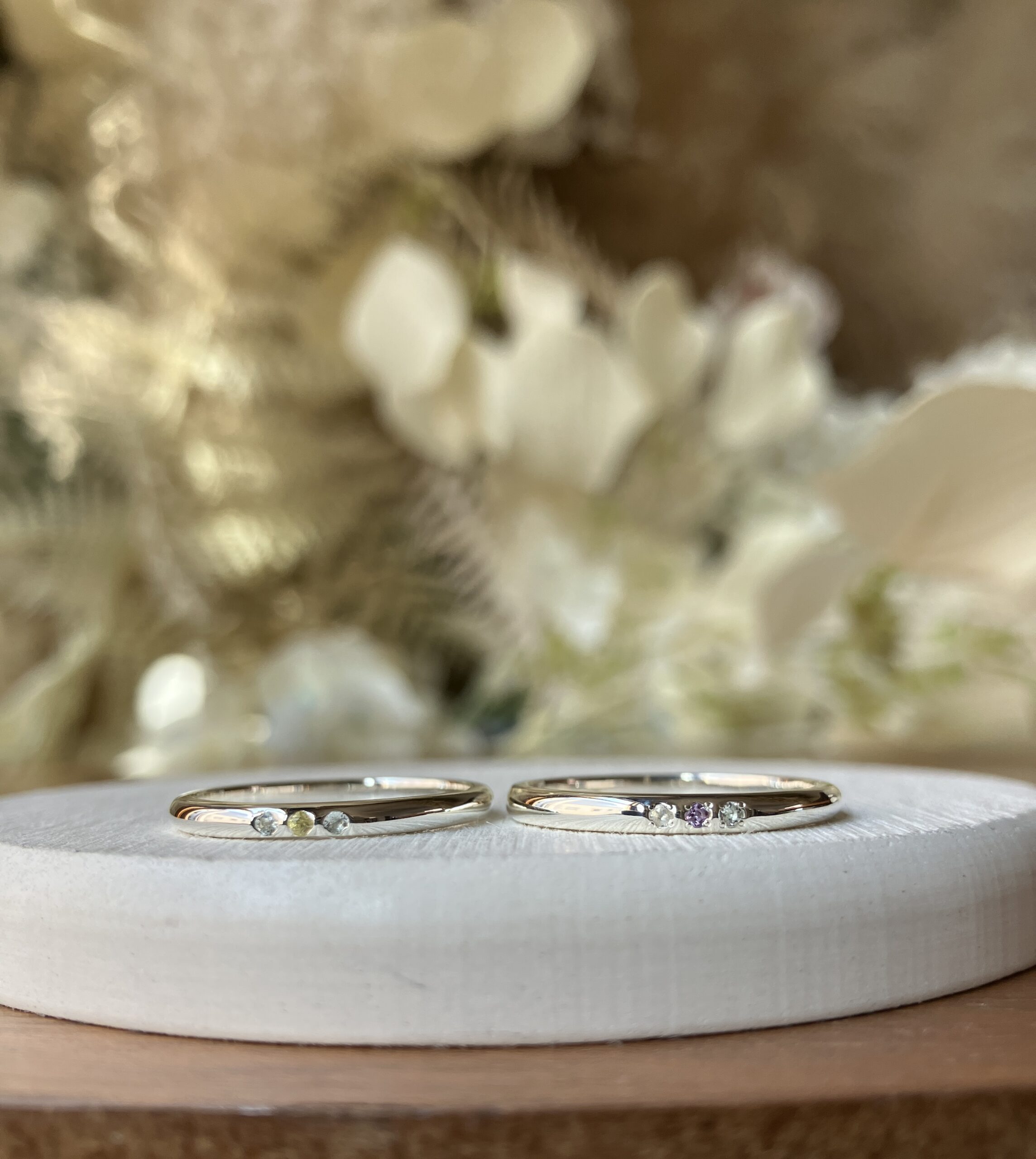 手作りペアリング（シルバー） 甲丸 鏡面 ２mm 2月 アメシスト 3月 アクアマリン 6月 ムーンストーン 9月 サファイア