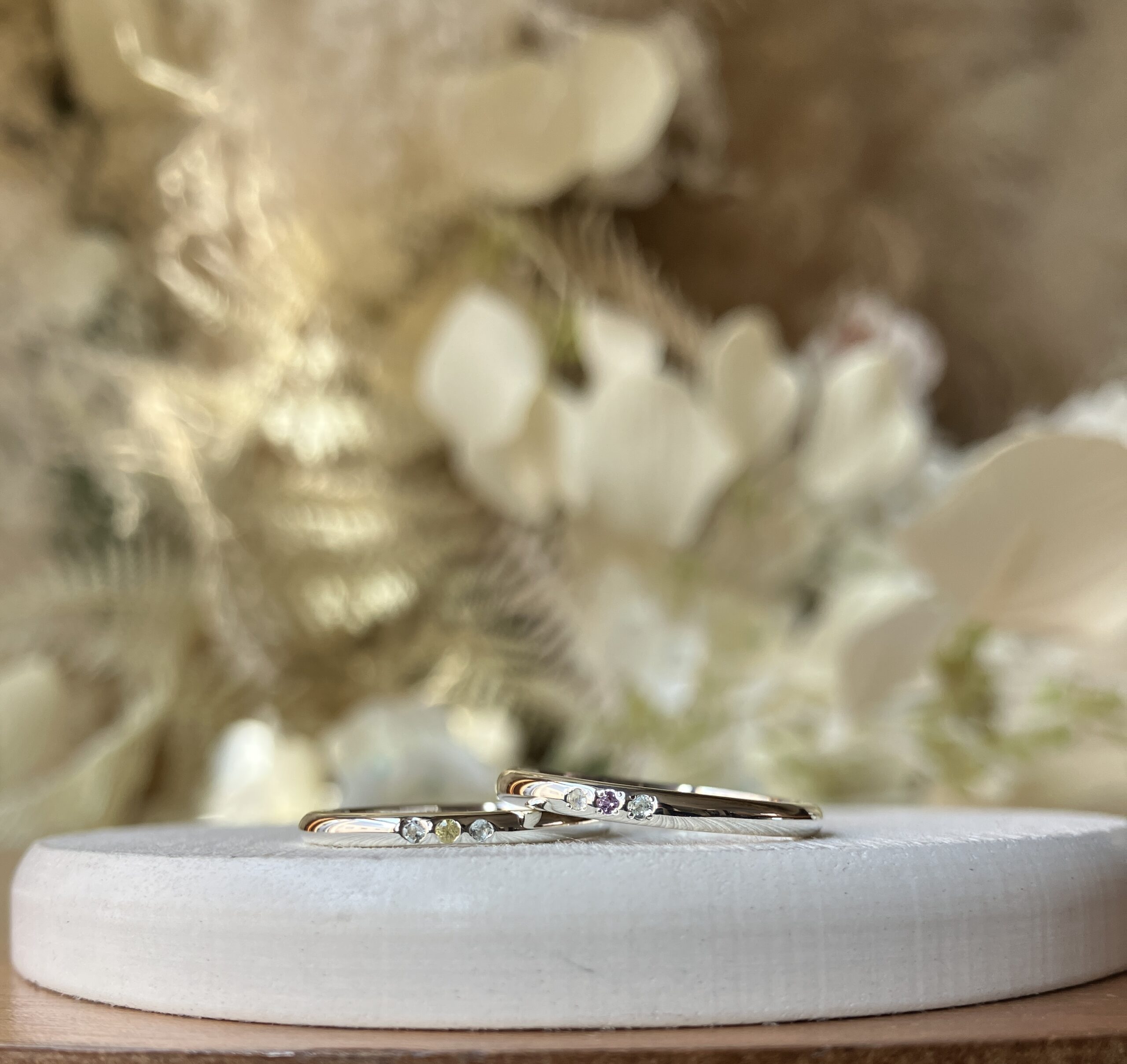 手作りペアリング（シルバー） 甲丸 鏡面 ２mm 2月 アメシスト 3月 アクアマリン 6月 ムーンストーン 9月 サファイア