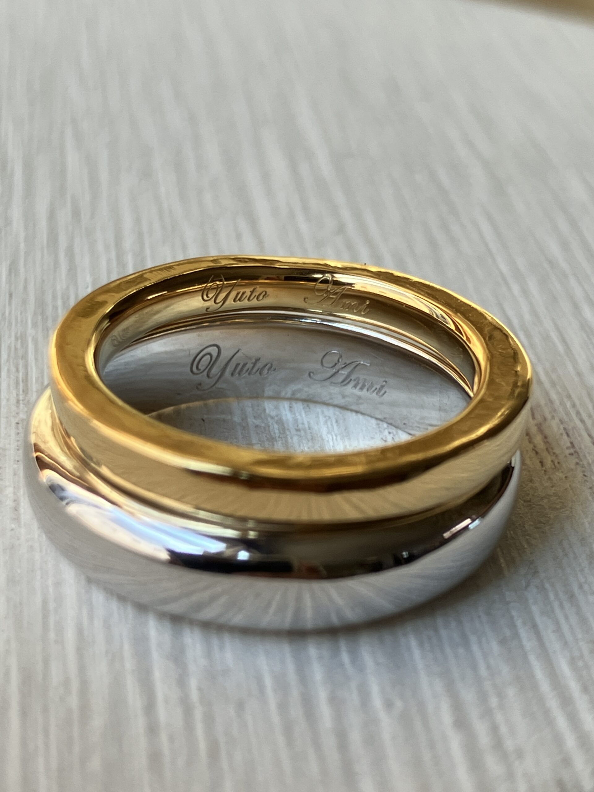 手作りペアリング（シルバー） 平打ち（内甲丸） 甲丸 鏡面 ２mm ４mm カラーリング（アンティークゴールド）