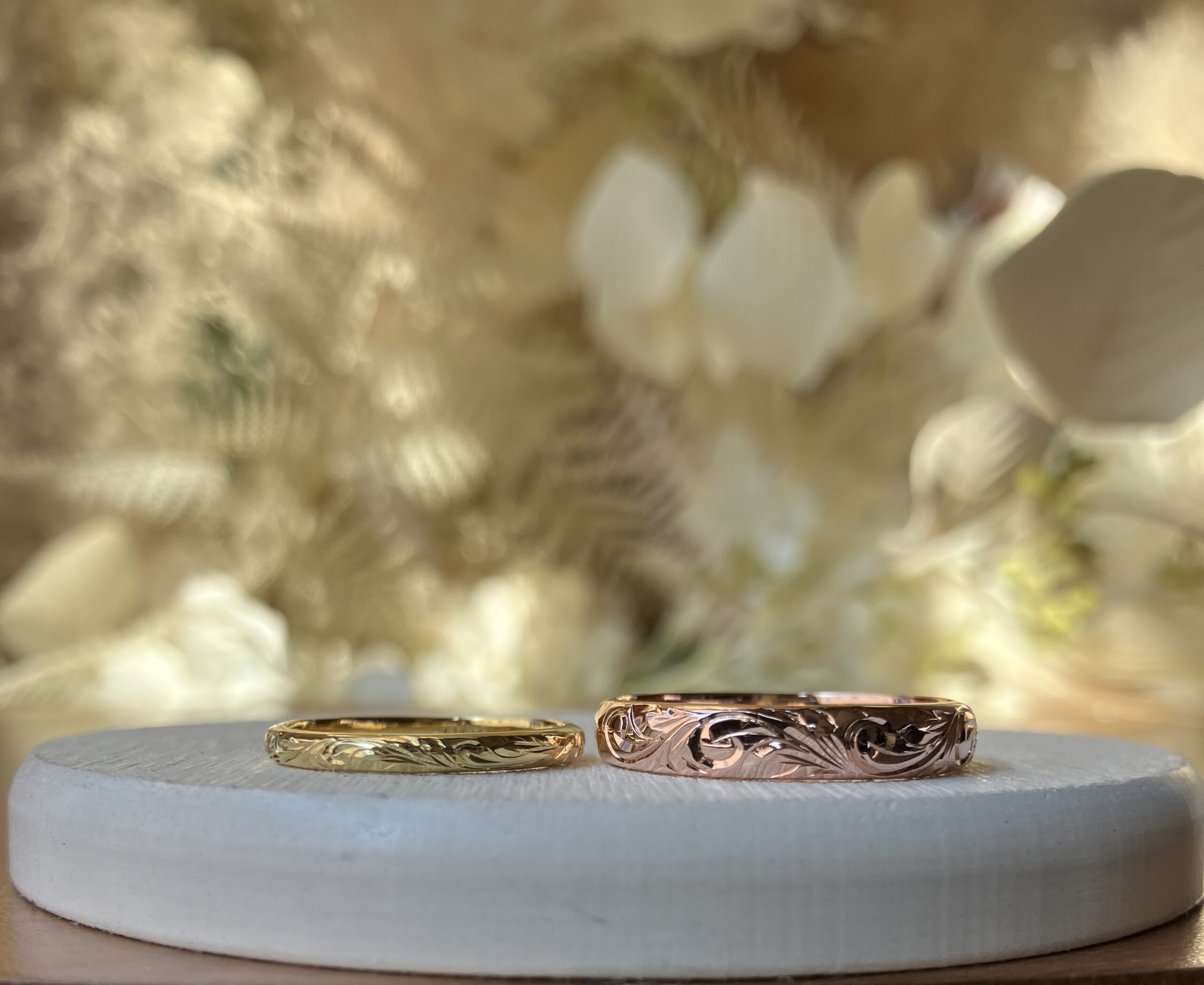 手作りハワイアンシルバーリング（ペアリング） 甲丸 鏡面 ２mm ４mm カラーリング（イエローゴールド） カラーリング（ピンクゴールド） ハワイアンふたりでひとつ プルメリア