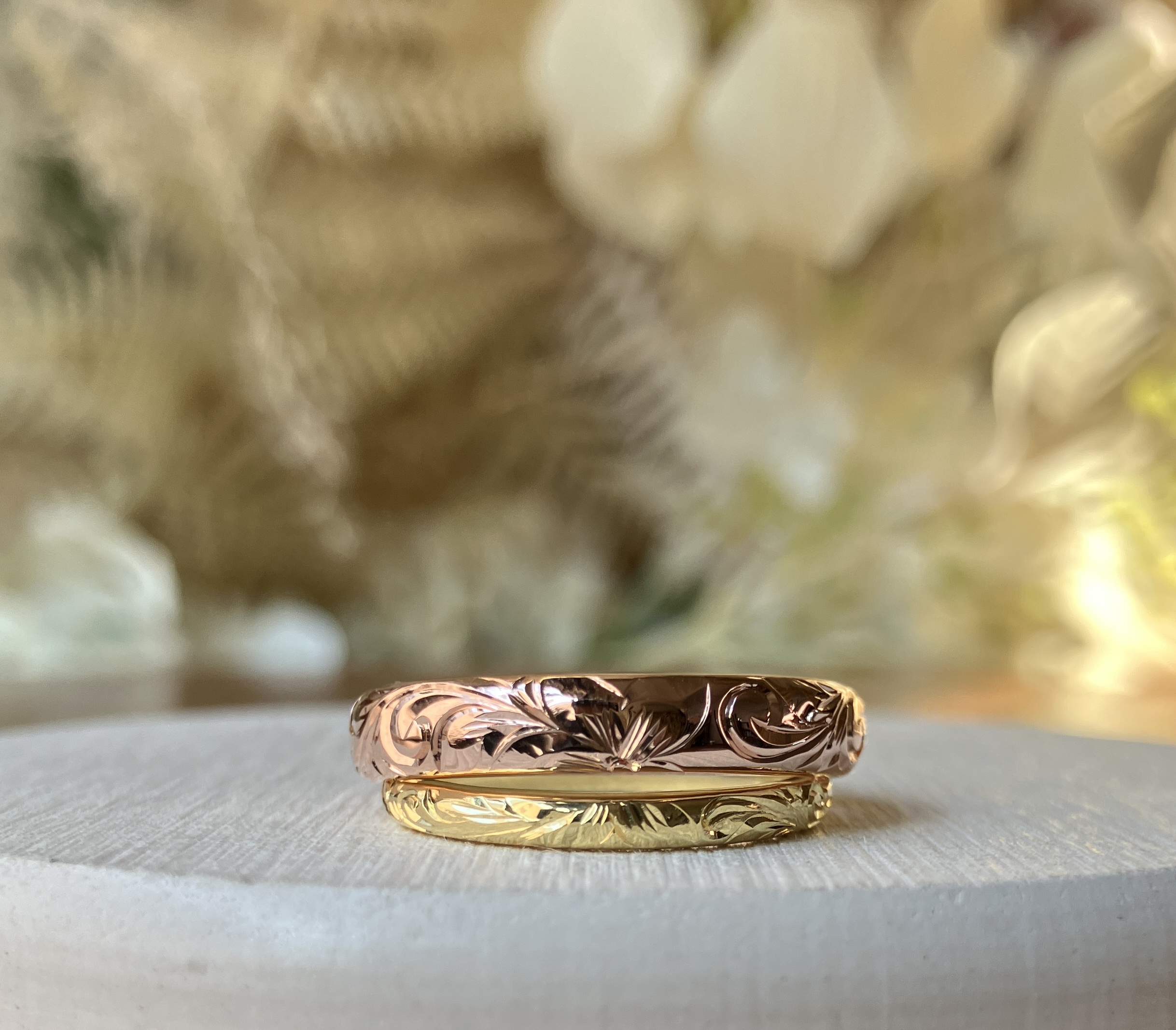 手作りハワイアンシルバーリング（ペアリング） 甲丸 鏡面 ２mm ４mm カラーリング（イエローゴールド） カラーリング（ピンクゴールド） ハワイアンふたりでひとつ プルメリア