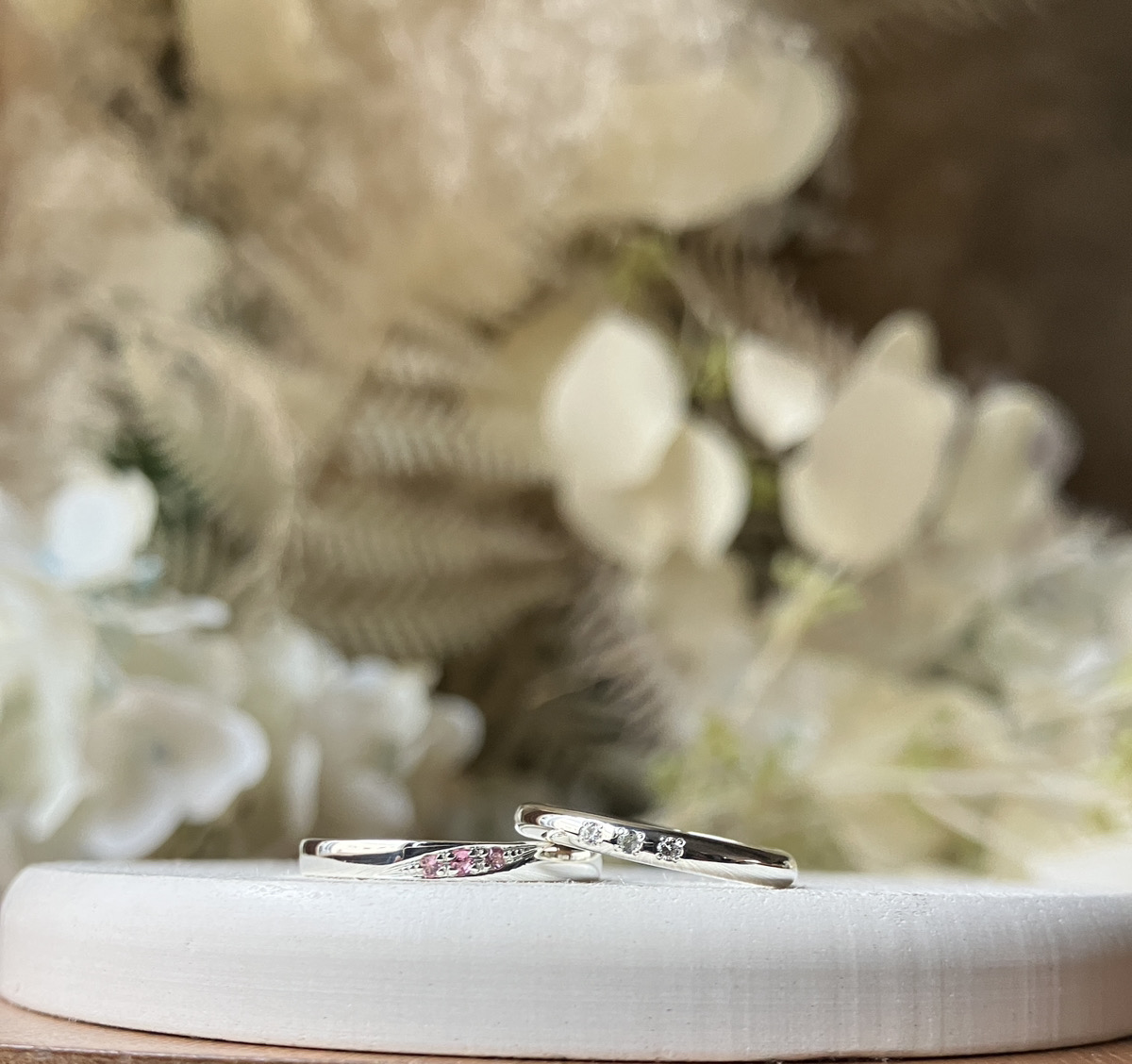 手作りペアリング（シルバー） 平打ち（内甲丸） 甲丸 鏡面 10月 トルマリン 3月 アクアマリン カラーレスダイヤモンド