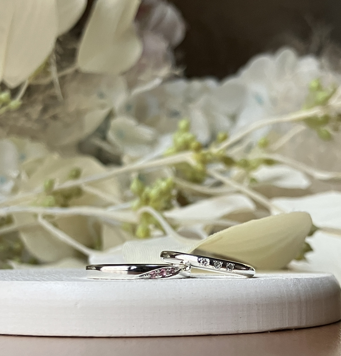 手作りペアリング（シルバー） 平打ち（内甲丸） 甲丸 鏡面 10月 トルマリン 3月 アクアマリン カラーレスダイヤモンド