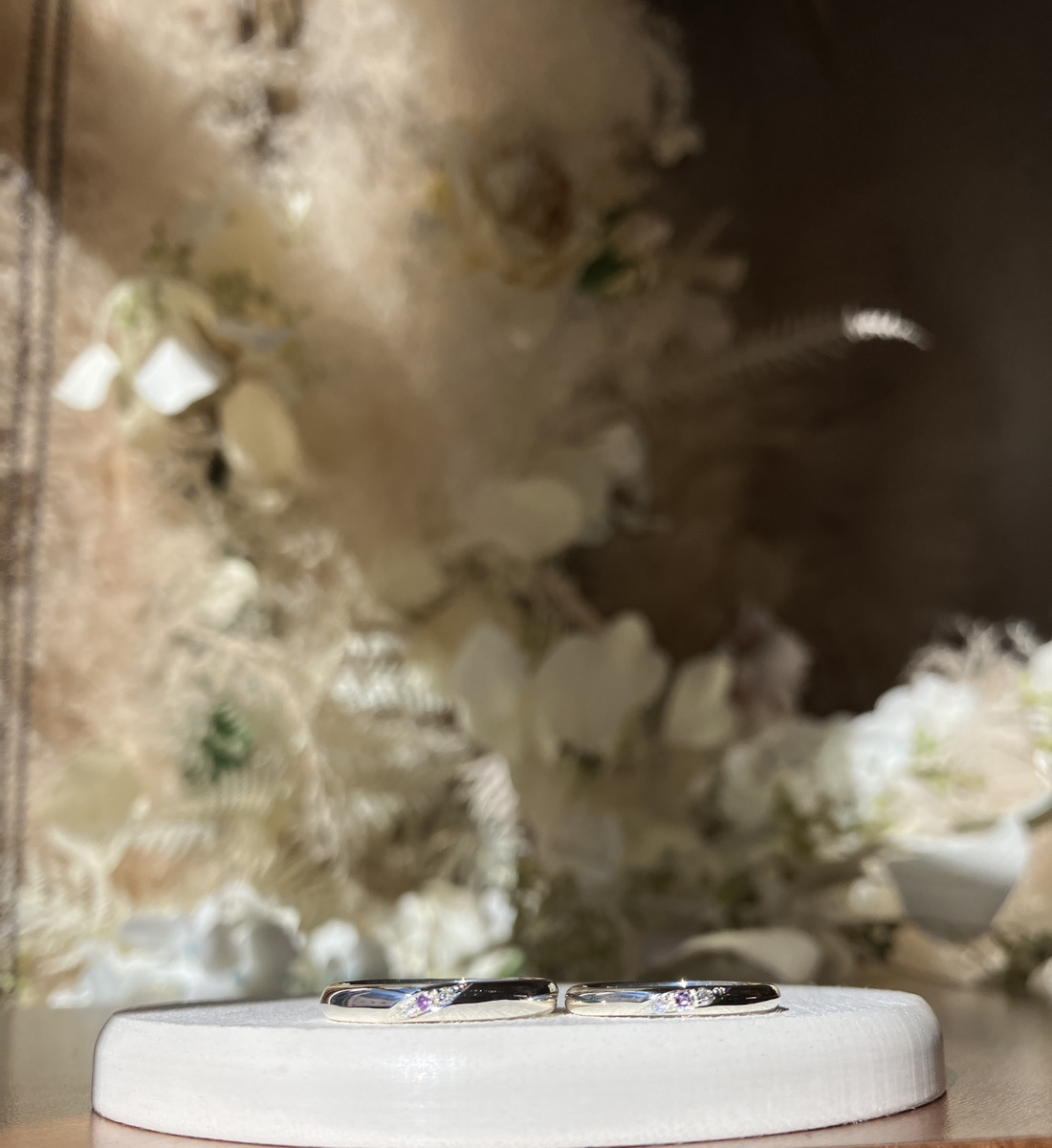 手作りペアリング（シルバー） 甲丸 鏡面 ２mm ３mm 2月 アメシスト カラーレスダイヤ70％ レーザー刻印