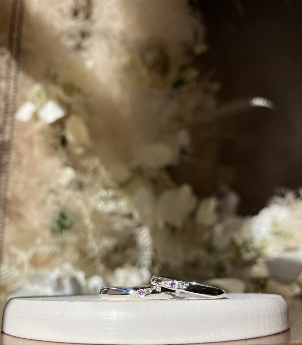 手作りペアリング（シルバー） 甲丸 鏡面 ２mm ３mm 2月 アメシスト カラーレスダイヤ70％ レーザー刻印