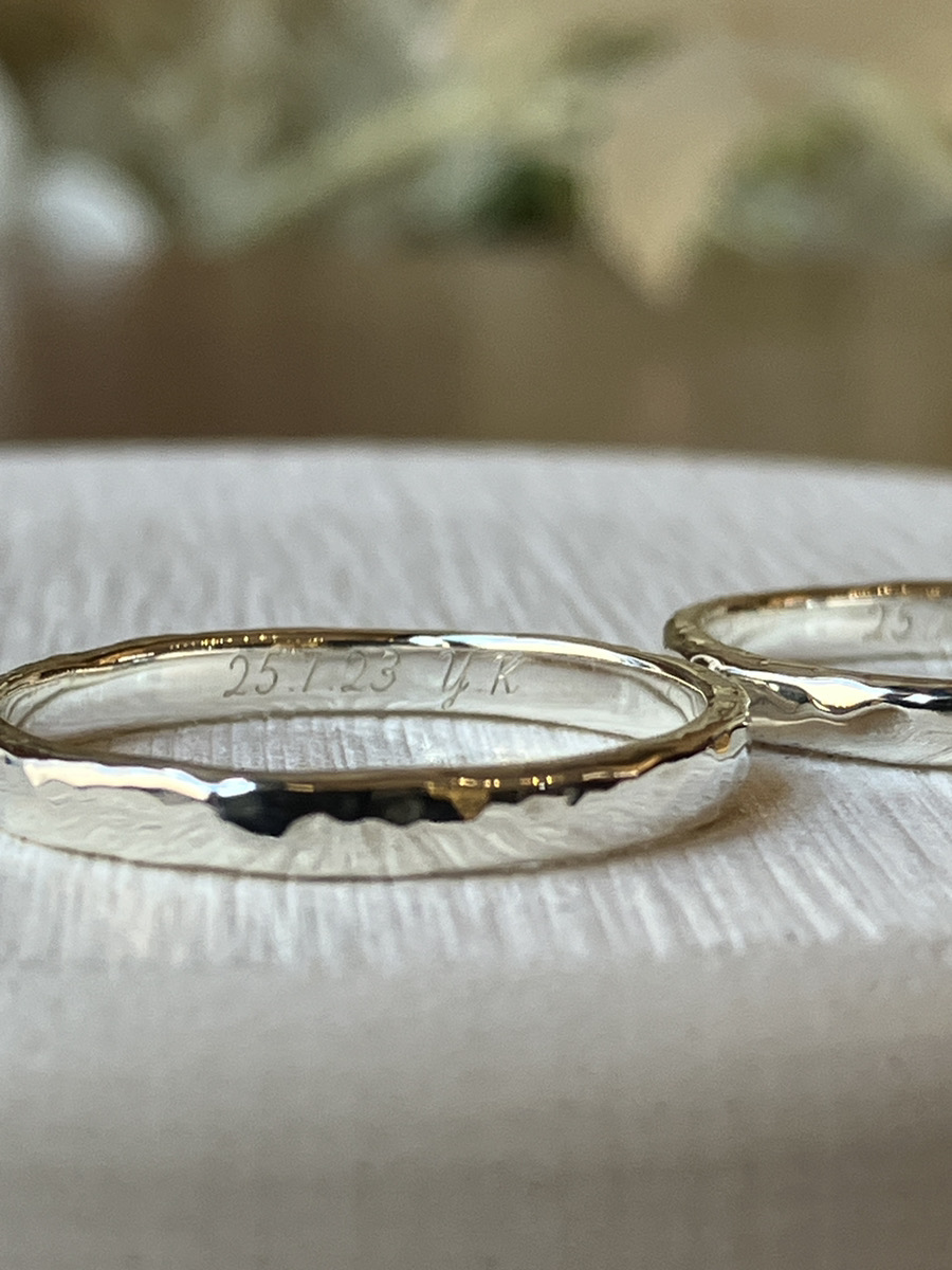 手作りペアリング（シルバー） 甲丸 鏡面 ハンマー ２mm レーザー刻印