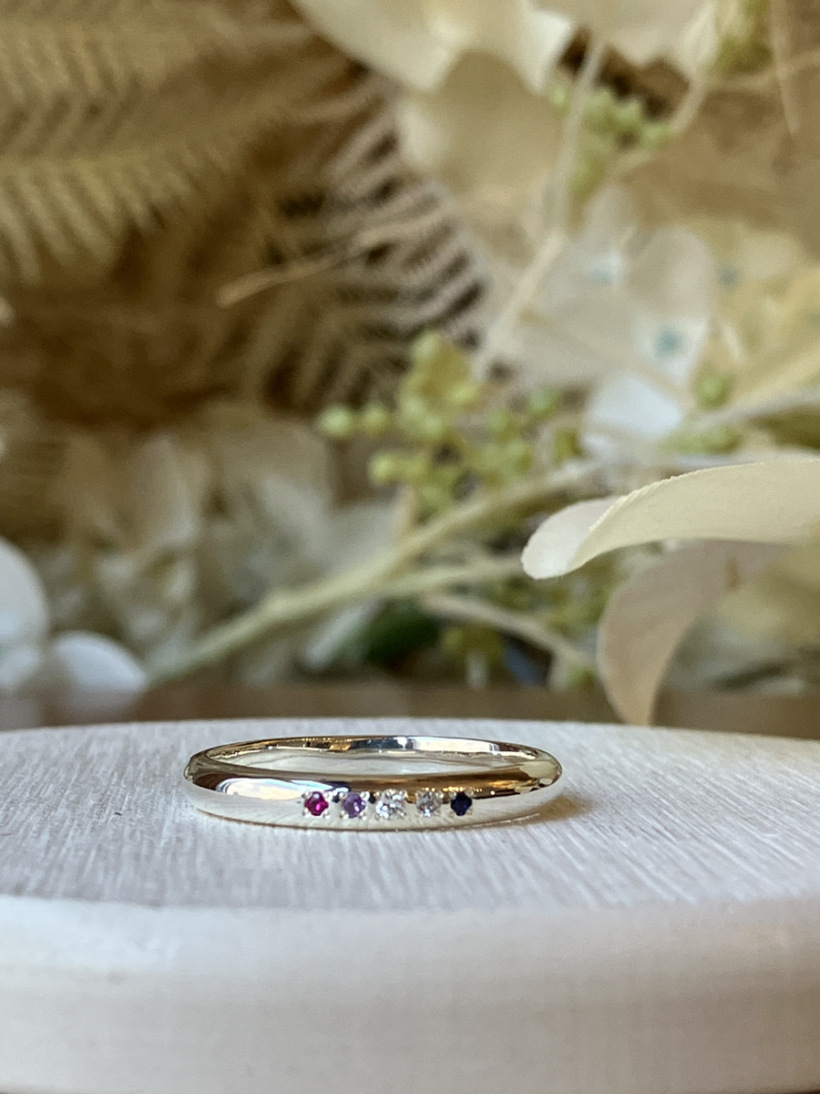 手作りペアリング（シルバー） 甲丸 鏡面 ３mm ５mm カラーダイヤモンド 2月 アメシスト 7月 ルビー 9月 サファイア 12月 タンザナイト